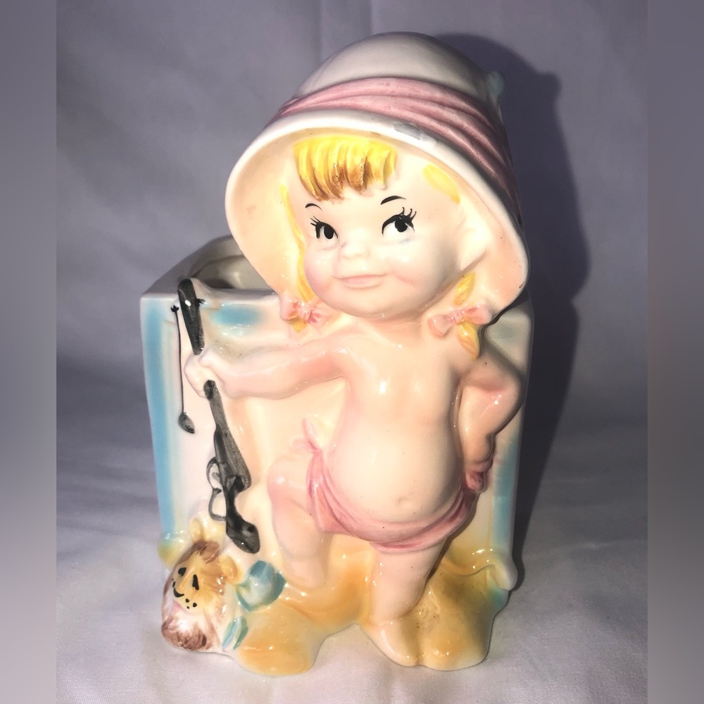 Vintage Relpo‎ Baby Planter 1967,Fishing Girl Planter. Samson Imports 6” X 4”